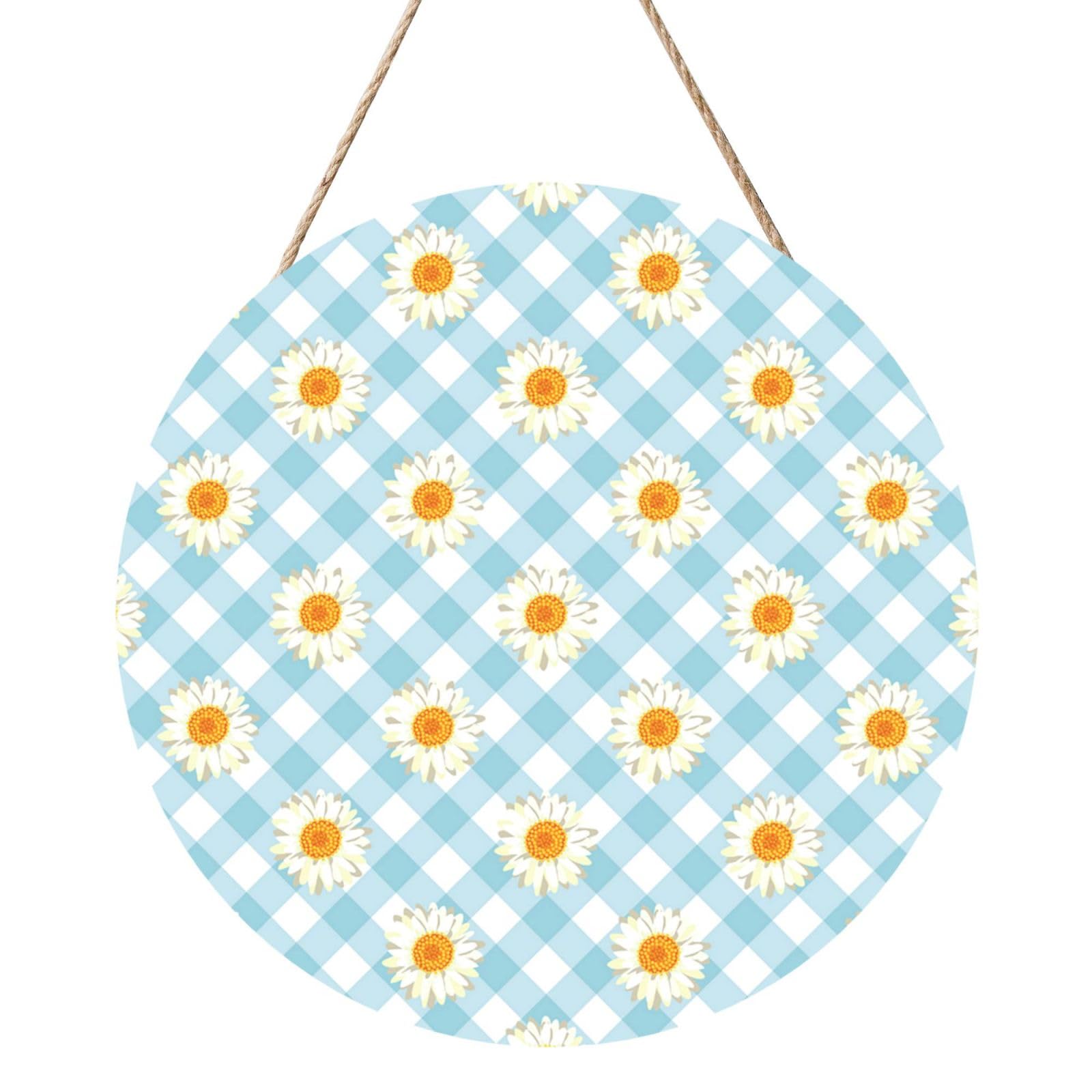 InOmak Retro Daisies Flowers Blue Check Pattern, Round Wood Panel Painting 12 in, Wall Hanging Painting For Home