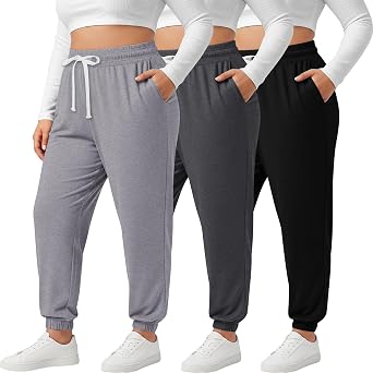 Evervibe 3 Pack Womens Plus Size Lightweight Sweatpants Joggers Lounge Pants Elastic Waist Drawstring Athletic with Pockets