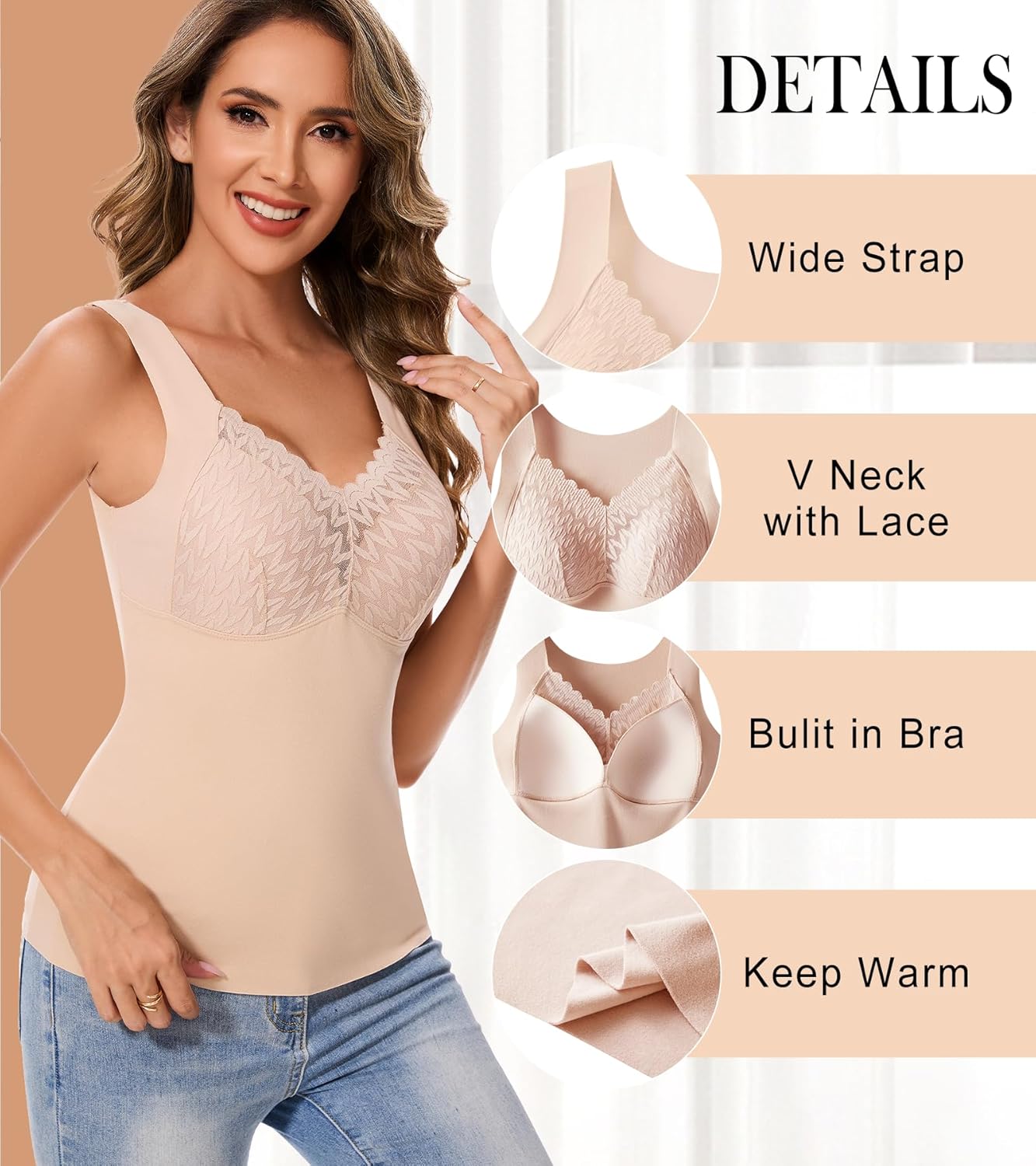 Tank Tops for Women, Underwear Sleeveless Camisole Tops Base Layer (US, Alpha, Large, Regular, Regular, Nude) - Image 3