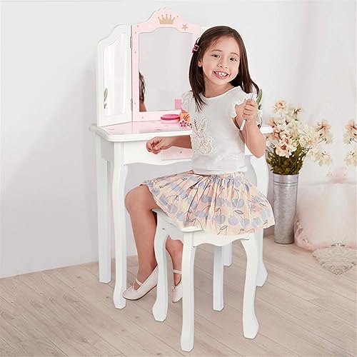 Miniatura 2 de Juego de tocador rosa para niños, juego de mesa y silla de maquillaje de madera para niñas pequeñas, tocador de princesa para niños, tocador con