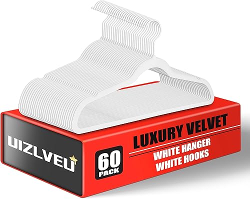 Paquete de 60 perchas de terciopelo antideslizantes de fieltro blanco de lujo con ganchos blancos, perchas resistentes para armario, perchas blancas