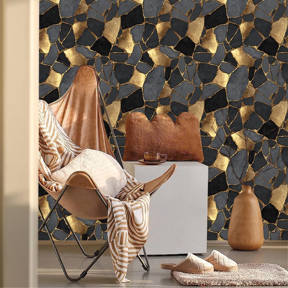 MuralPeel 18"x236" Abstract Texture Gold Dark Stone Glitter Peel and Stick Wallpaper Self Adhesive Removable Easy Peel Off Stick on Wall Paper for Bedroom Cabinet Renter
