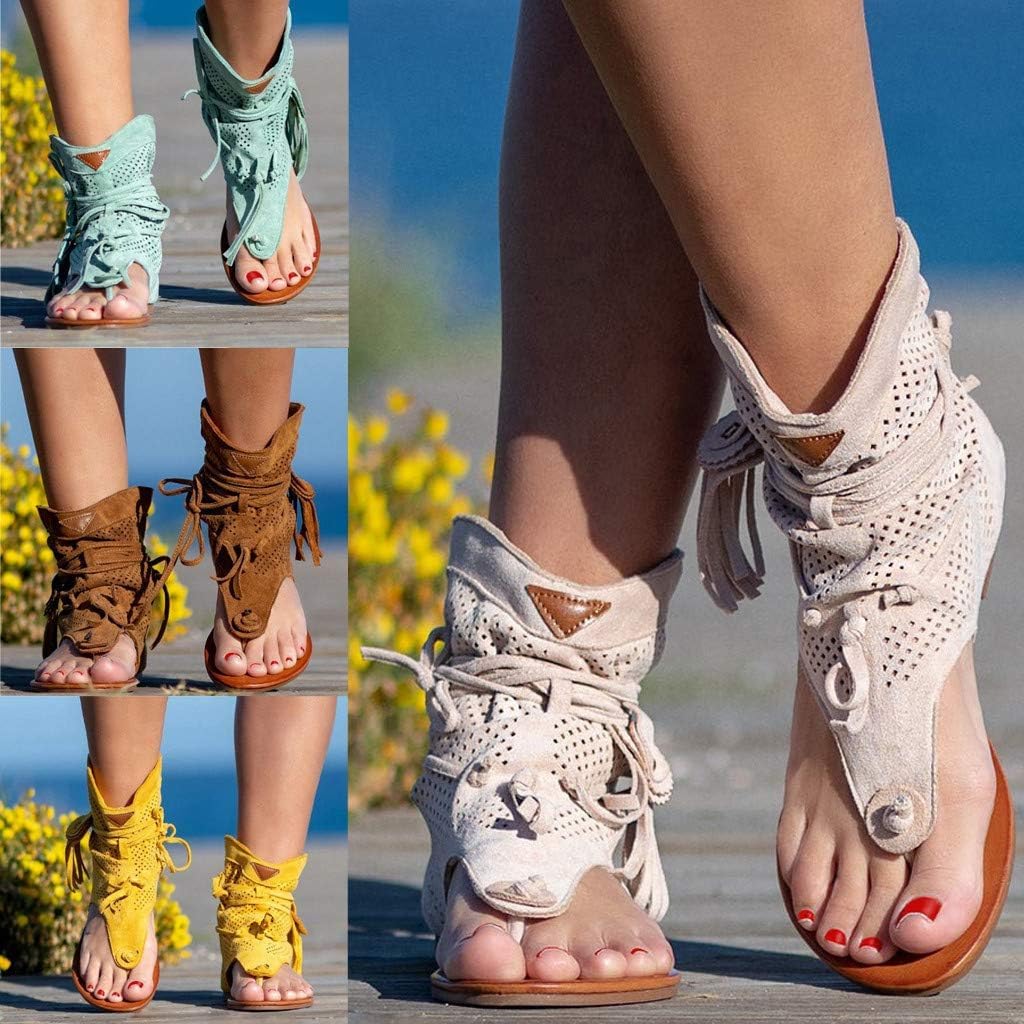Tassel Sandals for Women - 2026 Bohemian Gladiator Fringe Casual Flip Flops Flat Clip Toe Ankle Boots Beach Sandals T-Strap Open-Toe Beach Sandals