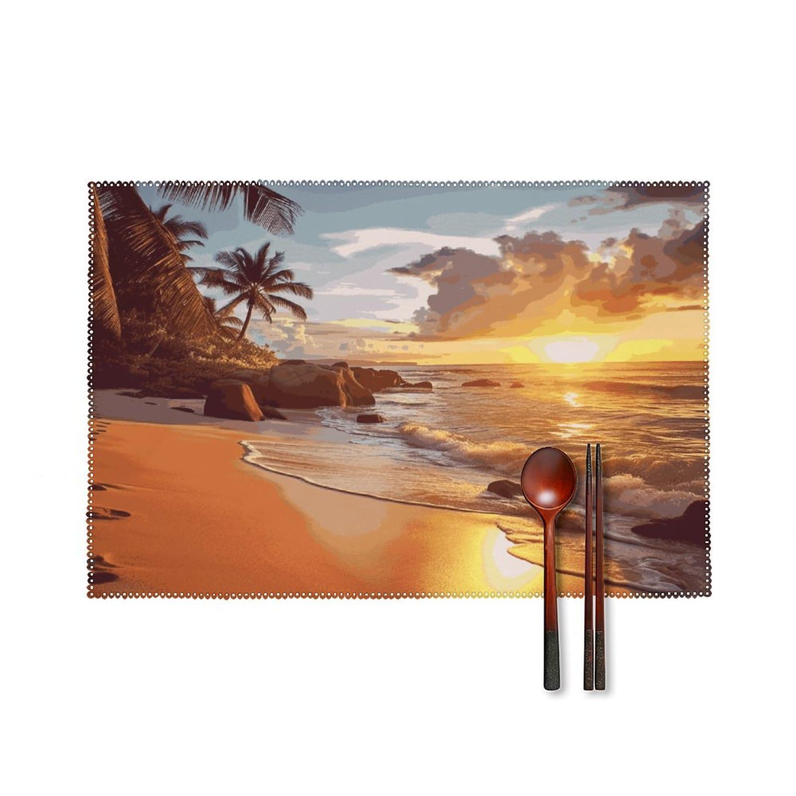 Tropical Beach at Sunset Placemats Set of 4 Canvas Place Mats Non-Slip Heat Resistant Table Mats Washable Waterproof Placemat Wipeable Tablemats for Kitchen Dining Decor Place Mat