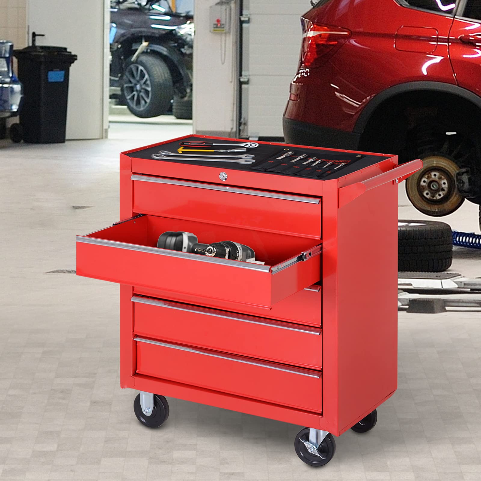 HOMCOM Carrello Porta Attrezzi a 5 Cassetti con Serratura, 4 Ruote e Maniglia, Carrello Officina in Acciaio 69x33x75cm, Rosso