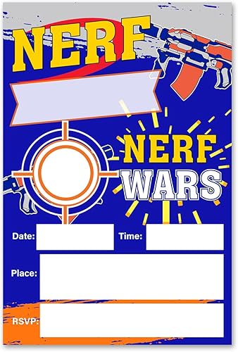 Miniatura 1 de Invitaciones de fiesta de cumpleaños de pistola de dardos, 20 paquetes de Nerf Wars Invitaciones de cumpleaños con sobres