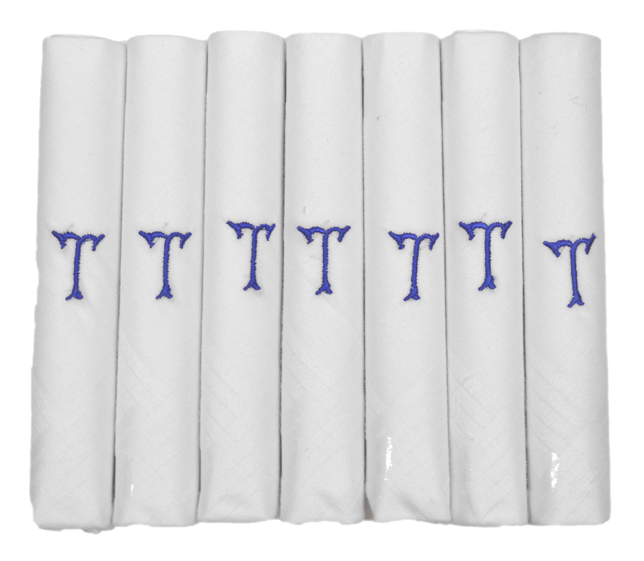 7 Pack Of Mens/Gentlemens White Satin Bordered Handkerchiefs With & Blue Embroidered Initials, T