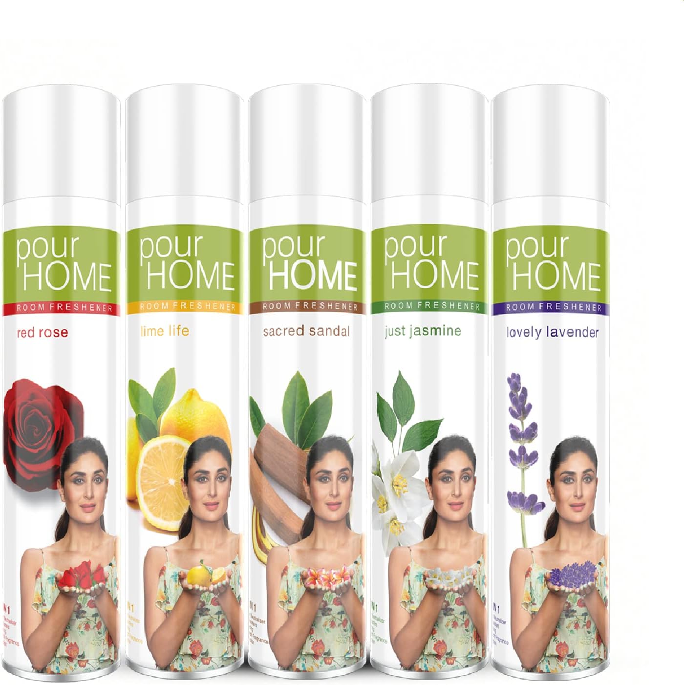 POUR HOME Monsoon, Sandal,Rose, Fusion,Flora Spray Room Freshener Spray - 220ML Each (Combo of 5) | Reduces Odours - Suitable for Home & Office