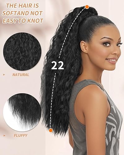 Miniatura 6 de Extensiones de pelo largo para cola de caballo ondulado con cordón de 22 pulgadas, cabello sintético con cordón, para mujer