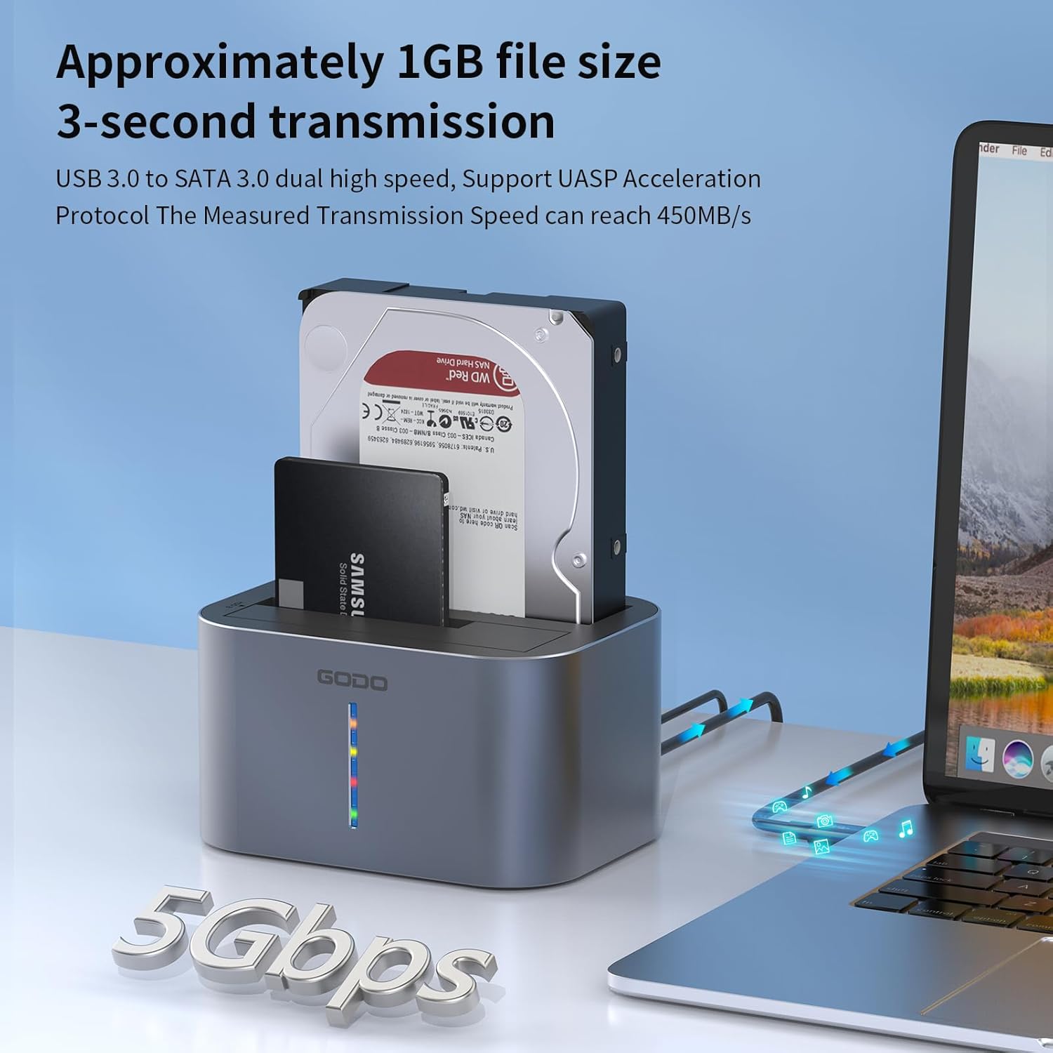 GODO Hard Drive Dock USB 3.0 to SATA I/II/III RGB Dual Bay Aluminum External Hard Drive Docking Station for 2.5 3.5 inch SATA HDD SSD Support UASP, 2x16TB + 2 USB3.0 Ports