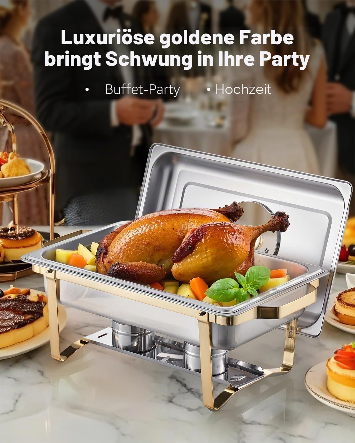 VEVOR Chafing Dish Set Speisenwärmer Edelstahl mit 4 Behältern in voller Größe (7,5 L pro), rechteckiger Wärmespender mit sichtbarem Deckel & Wasserpfannenständer & Brennstoffhalter, für Partys