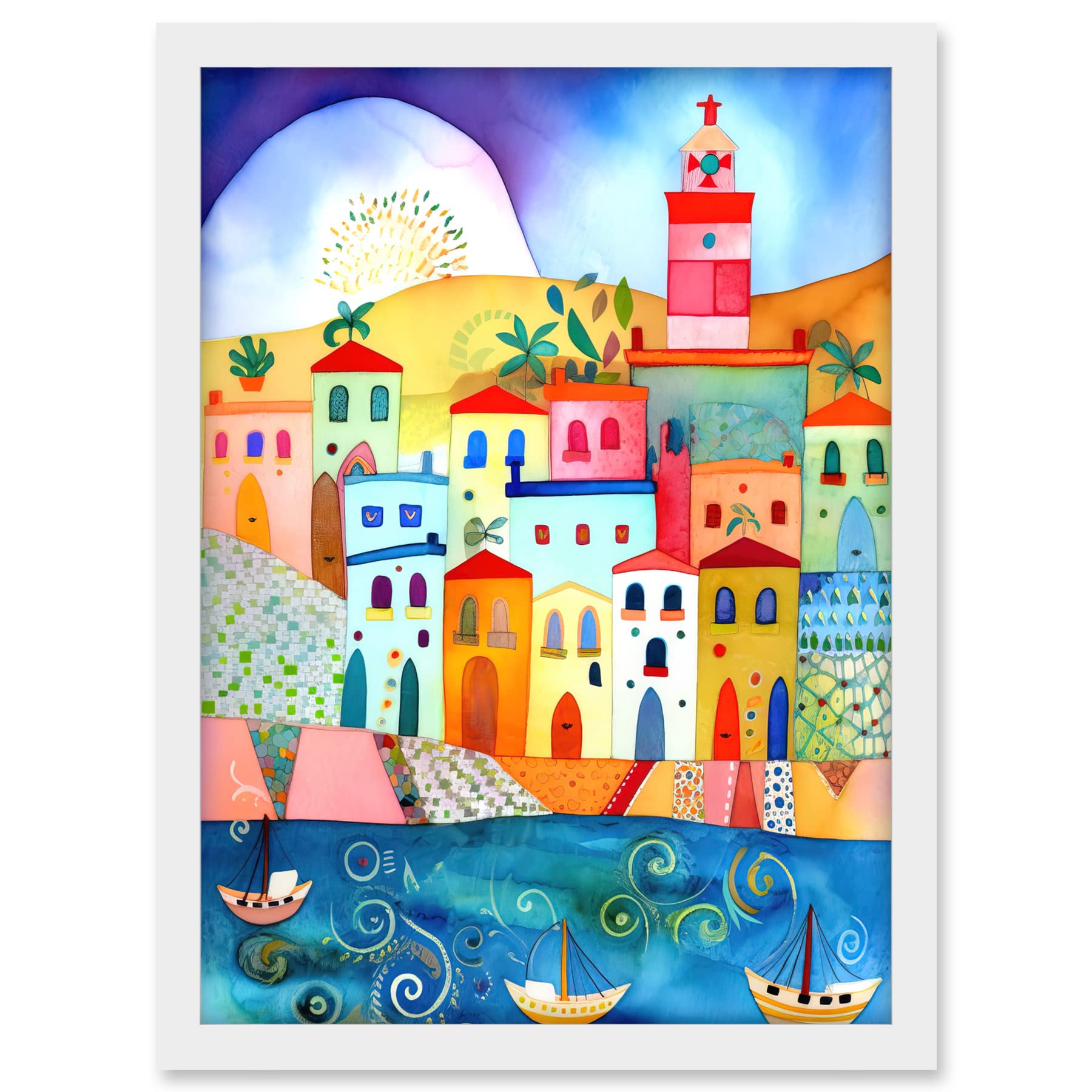 Artery8 Tunisia Seaside Town Folk Art Artwork Framed A3 Wall Art Print