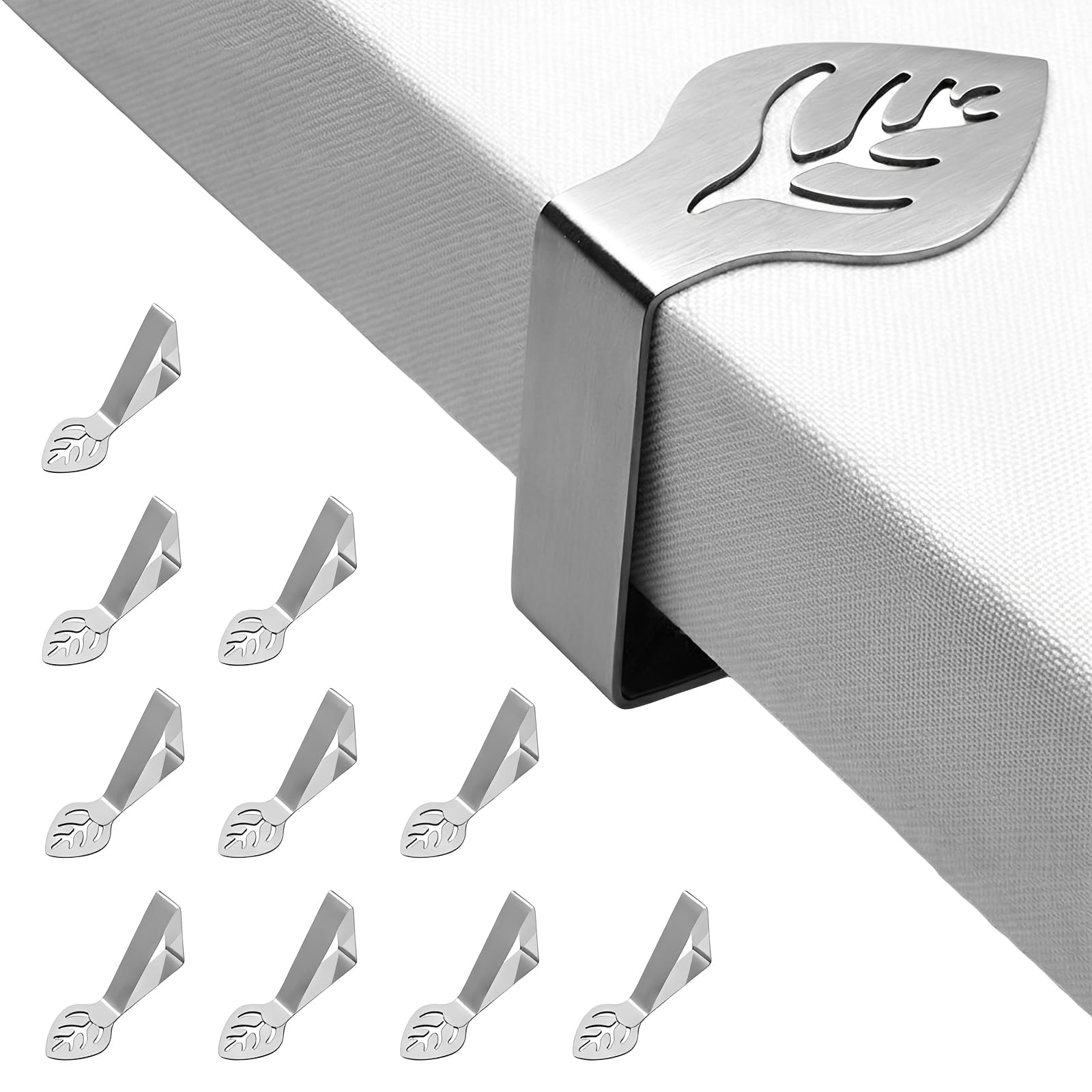 10 Pezzi Ferma Tovaglia da Tavola in Acciaio Inox, Ganci Ferma Tovaglia da Esterno a Forma di Foglia, Fermatovaglia per Tavoli fino a 4cm, Ideale per Picnic, Giardino e Feste