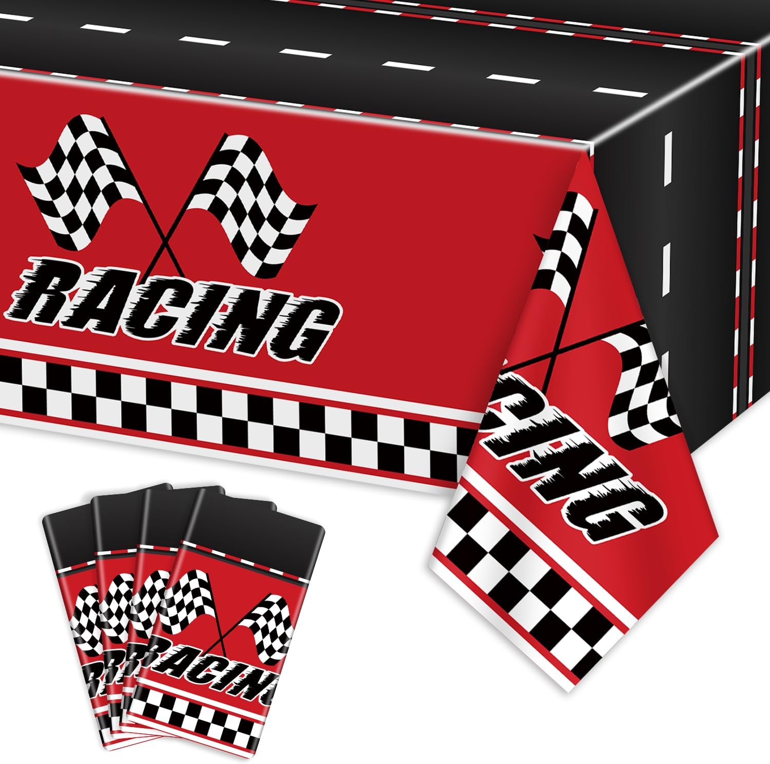 4 Pcs Racing Car Tablecloths - Rectangular Checkered Road Table Cloths for Race Car Party Supplies Boys Baby Shower, 51 x 86''