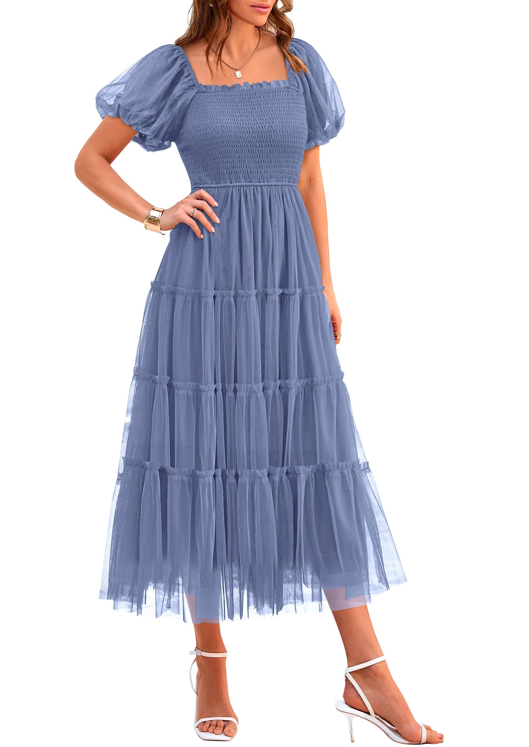 PRETTYGARDEN Women's Smocked Tulle Midi Dress 2025 Summer Square Neck Puffy Short Sleeve Ruffle Wedding Guest Party Dresses