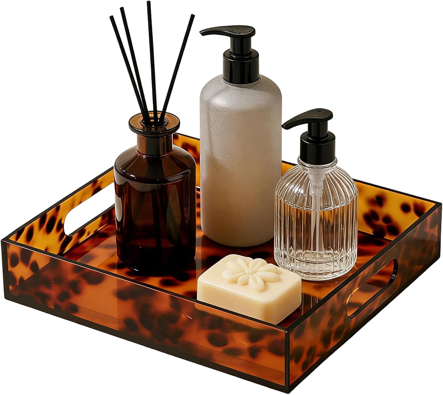 Tortoise Print Acrylic Tray Organizer | Tortoise Shell Pattern with Handle | Bathroom Vanity Leopard Tray | Modern Large Elegant Bathroom Organizer, 30x24x5cm