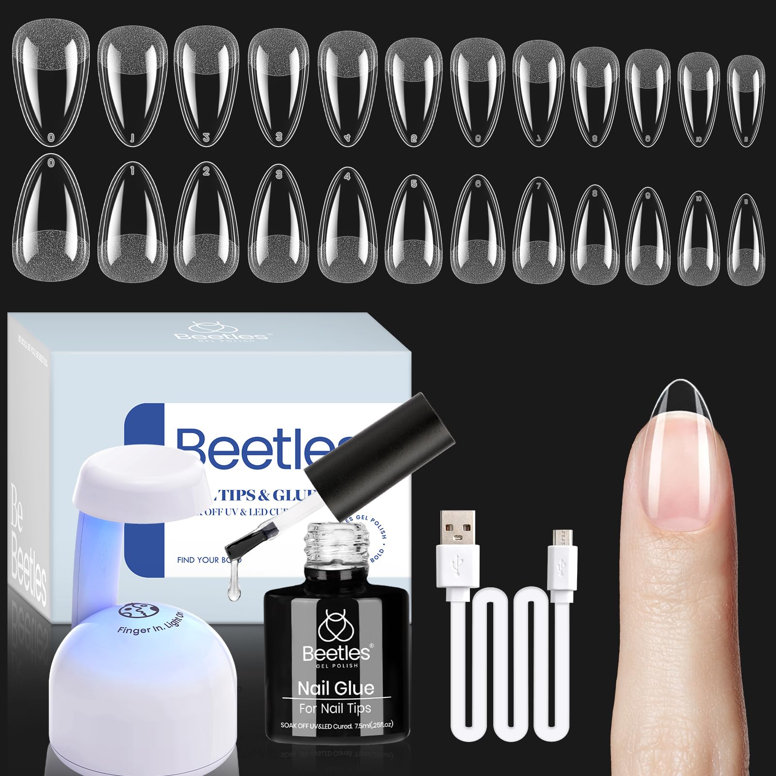 Beetles Nail Tips Kit Almond, 504pcs Uñas para Pegar Kit Easy Nail Extension Set Etch X Nail Tips para uñas de gel Cortas Medio Almond Medio Mate Nail Tips 5 en 1 Nail Glue UV LED Nail Lamp DIY