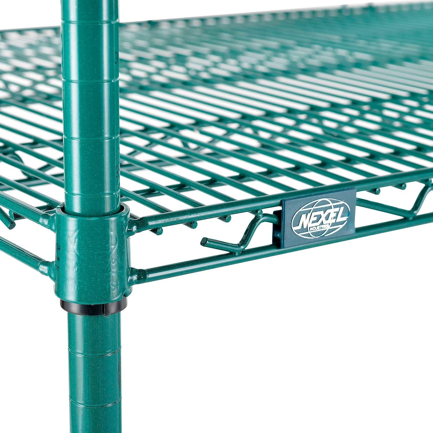 Close-up of the Nexel brand logo on a green wire shelf