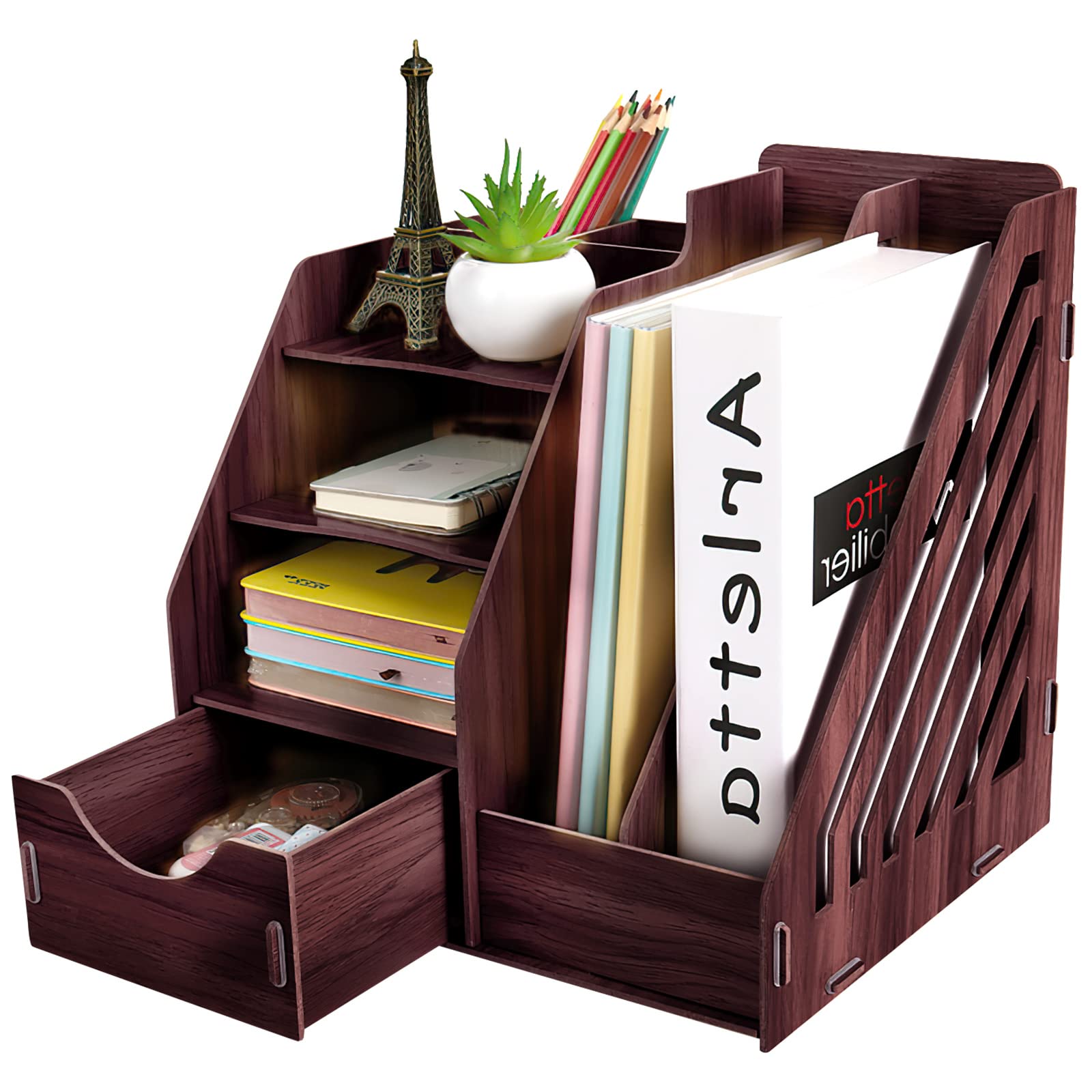 SAYEEC 4-Trays Desktop File Organizer with File Holder, A4 Paper Letter Tray Organizer with Drawer, Wooden Desk Organizer Storage with Magazine Holder Sorter Rack for Home Office School (Dark Walnut)