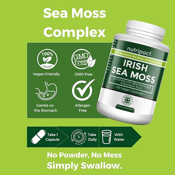 Nutripact Sea Moss Capsules, Bladderwrack and Burdock Root - 3280mg per Serving - One a Day High Strength - Easy to Swallow - Natural Source of Iodine - Chondrus Crispus - 60 Vegan Capsules