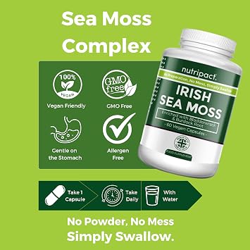 Nutripact Sea Moss Capsules, Bladderwrack and Burdock Root - 3280mg per Serving - One a Day High Strength - Easy to Swallow - Natural Source of Iodine - Chondrus Crispus - 60 Vegan Capsules