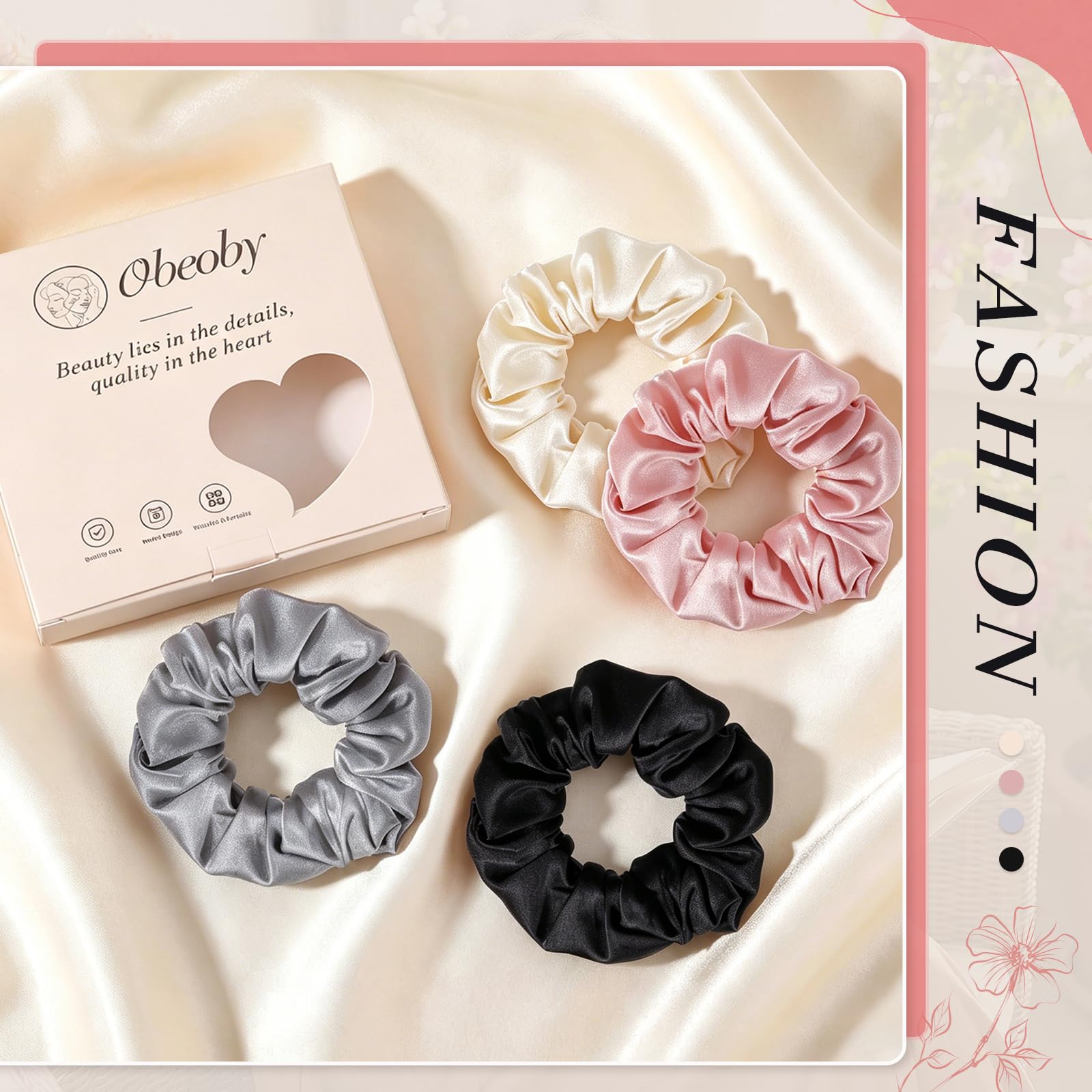 Coleteros de seda de morera, paquete de 4 lazos de seda para el cabello | Regalos rosados, 19 momme, suave con el cabello, reduce la rotura y las arrugas, para el día o el sueño, todo tipo de cabello
