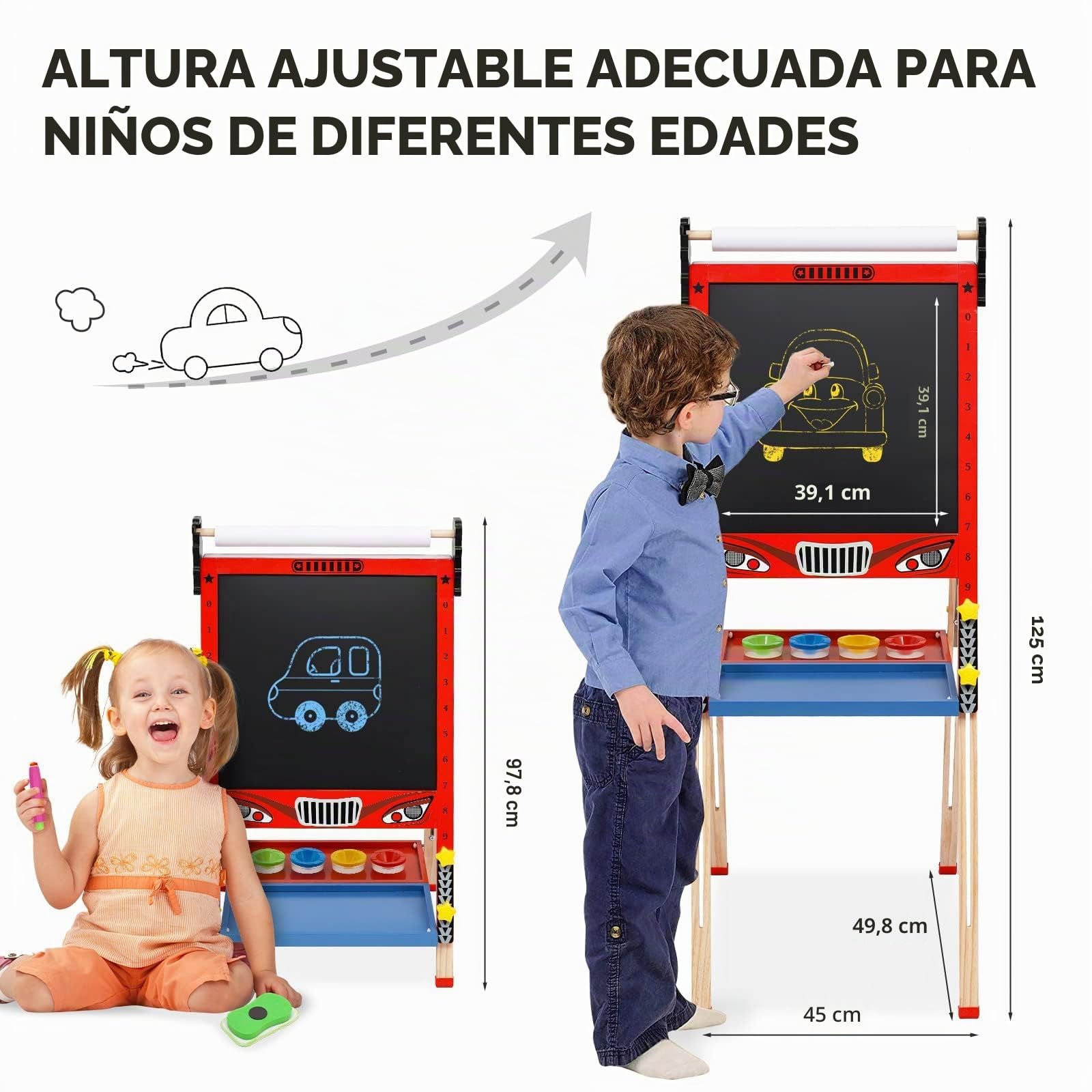Pizarra Infantil Caballete para Niños Diseño de lazo Pizarra Blanca y Altura Ajustable Tablero de Dibujo de Doble Cara para Niños (Rojo)