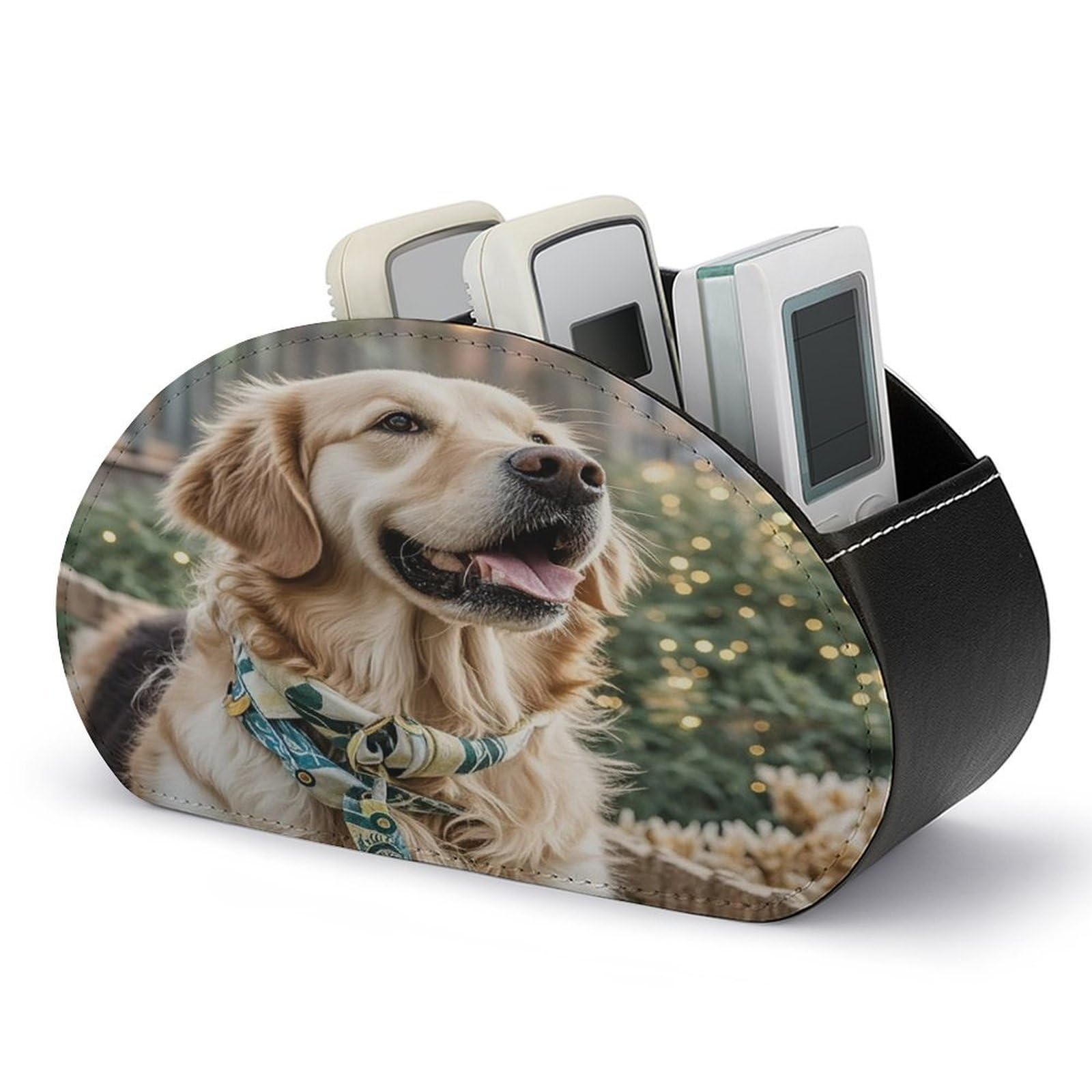 LZQPOEAS Golden Retriever Dog Remote Control Holder with 5 Compartments PU Leather Remote Organizer Box Caddy for Table Nightstand Remote Caddy Desktop Organizer Fits Media Controllers
