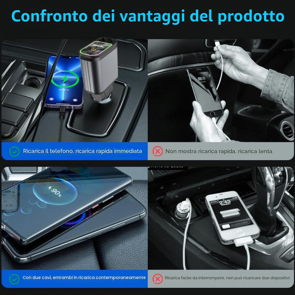 4 In 1 Caricatore Auto USB C 66W, Carica Batteria per Auto Cellulare con Luce Stellata, 12V/24V Caricabatteria da Auto Retrattile usb-C/usb-A, per iPhone 16/15/14, iPad, Android