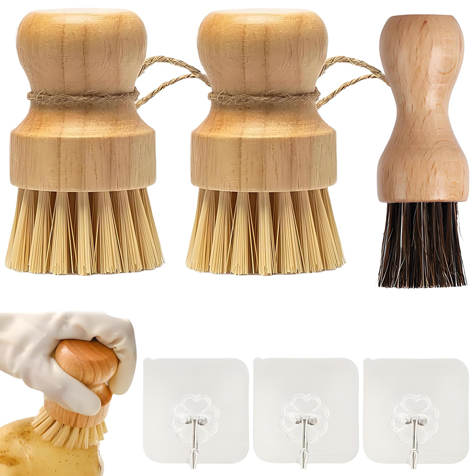 Juego de 6 cepillos de champiñones, con tres ganchos, respetuoso con el medio ambiente, cepillo de champiñones, cepillo de verduras, cepillo de bambú para patatas, limpieza de cocina, baño, limpieza