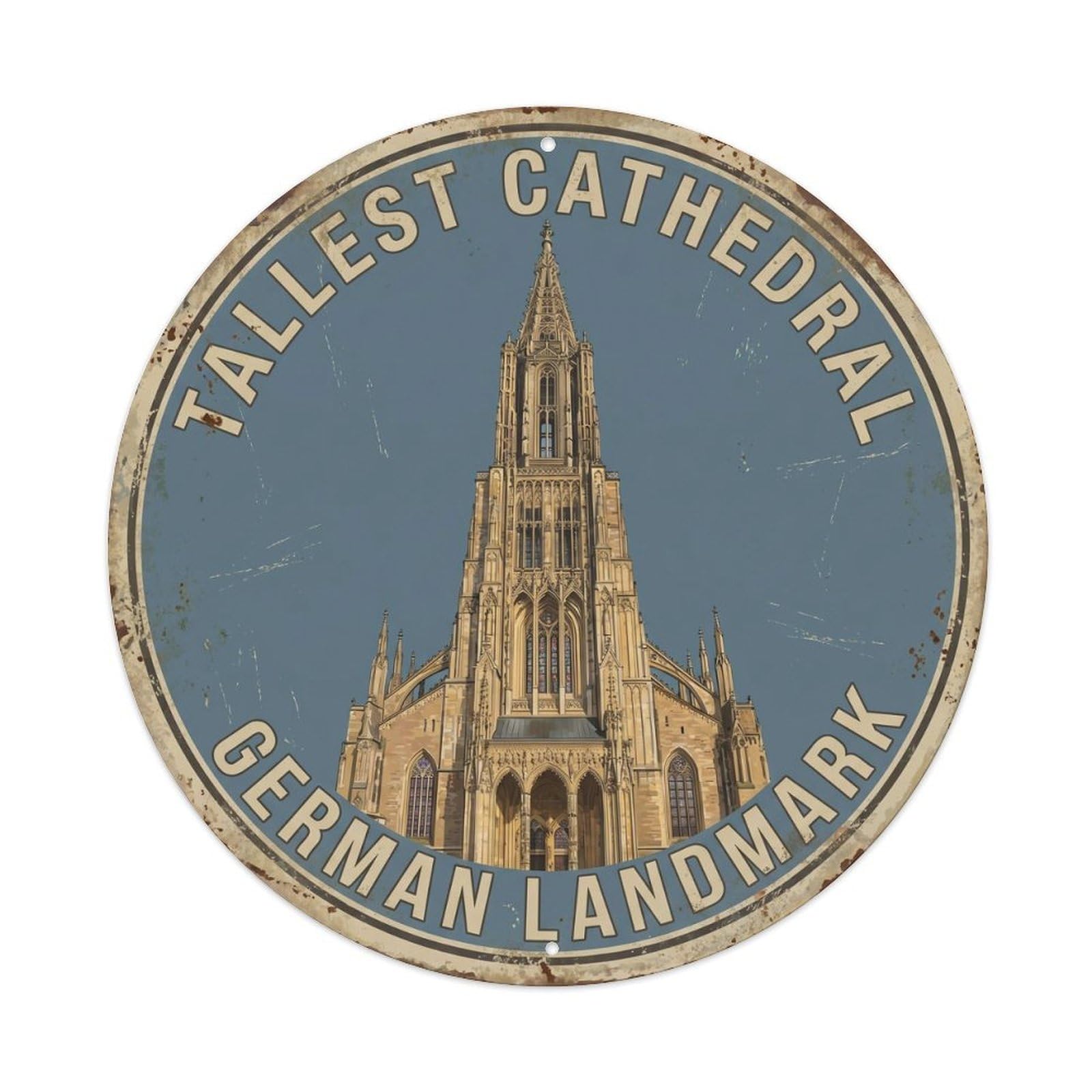 Vintage Travel Tallest Cathedral German Metal Tin Sign Plaque Wall Decor for Cafe, Club, Garden Round Metal Poster 8x8Inch
