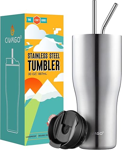 CIVAGO Vaso aislado de 30 onzas con popote y tapa, taza de café de viaje de acero inoxidable, botella de agua al vacío de doble pared, acero