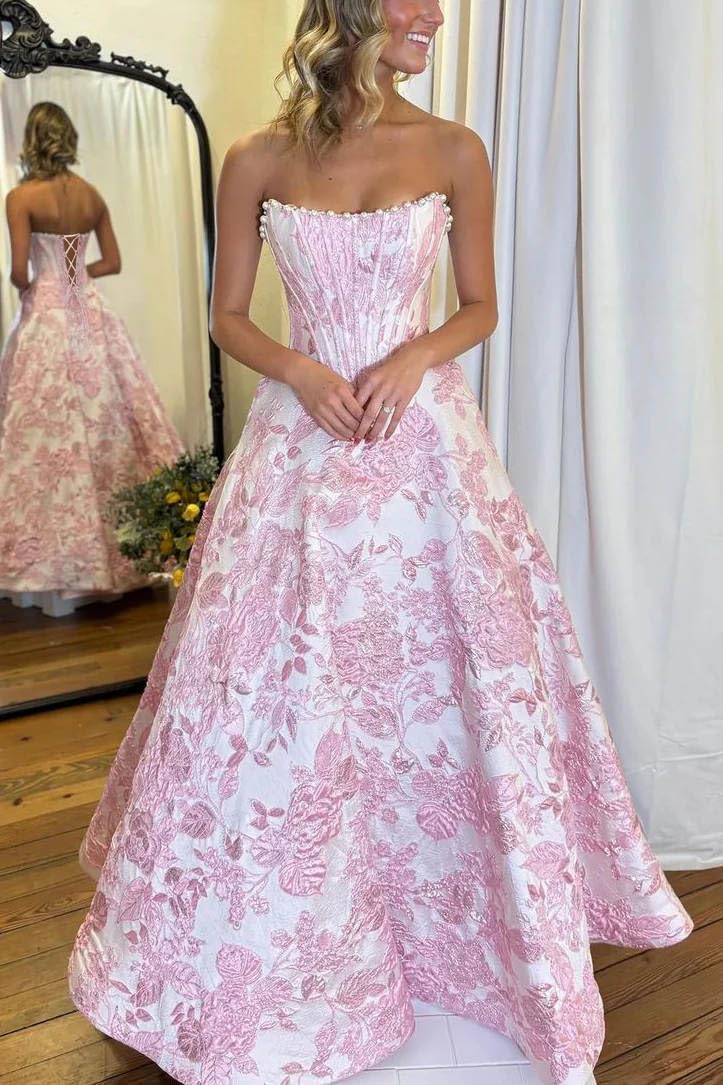 Jacquard Satin Prom Dresses Strapless Floral Ball Gown Corset Long Evening Dress with Pocket