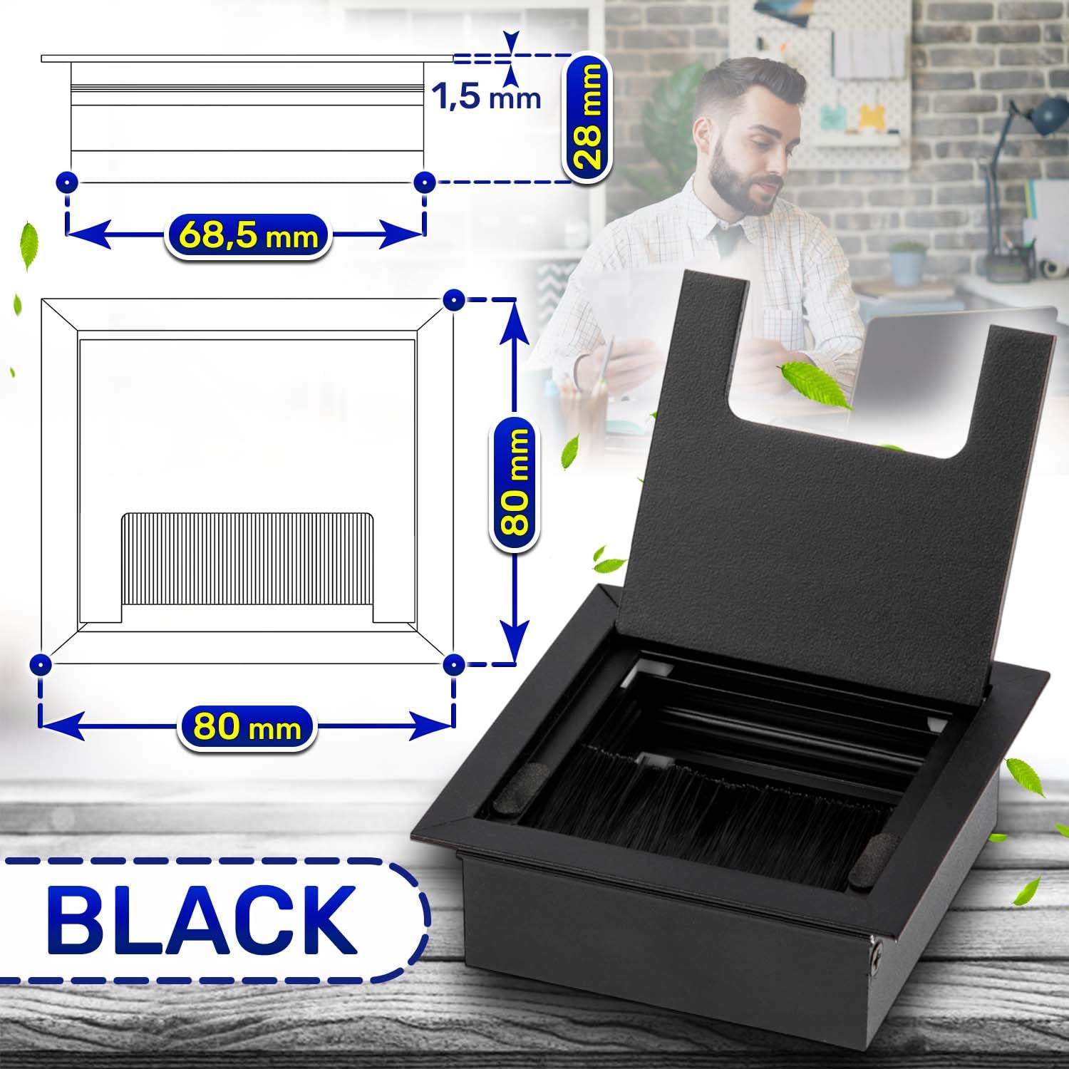 Desk Cable Grommet 80 x 80 mm H28 mm Black Colour - Desk Grommet is Made of Aluminium with Brush - Warranty 10 Years - MONTERAL - Image 2