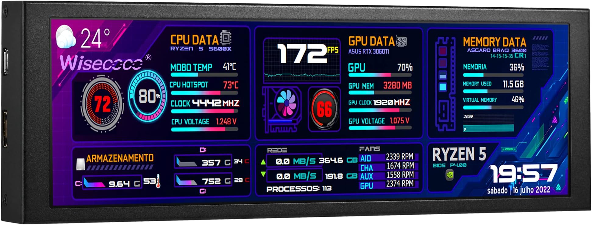 wisecoco 7.84 Inch Mini Monitor HD IPS 1280x400 Secondary Screen Stretched Bar LCD Display with Casing for Laptop Computer Speed Temperature Windows Aida64 CPU GPU Monitoring