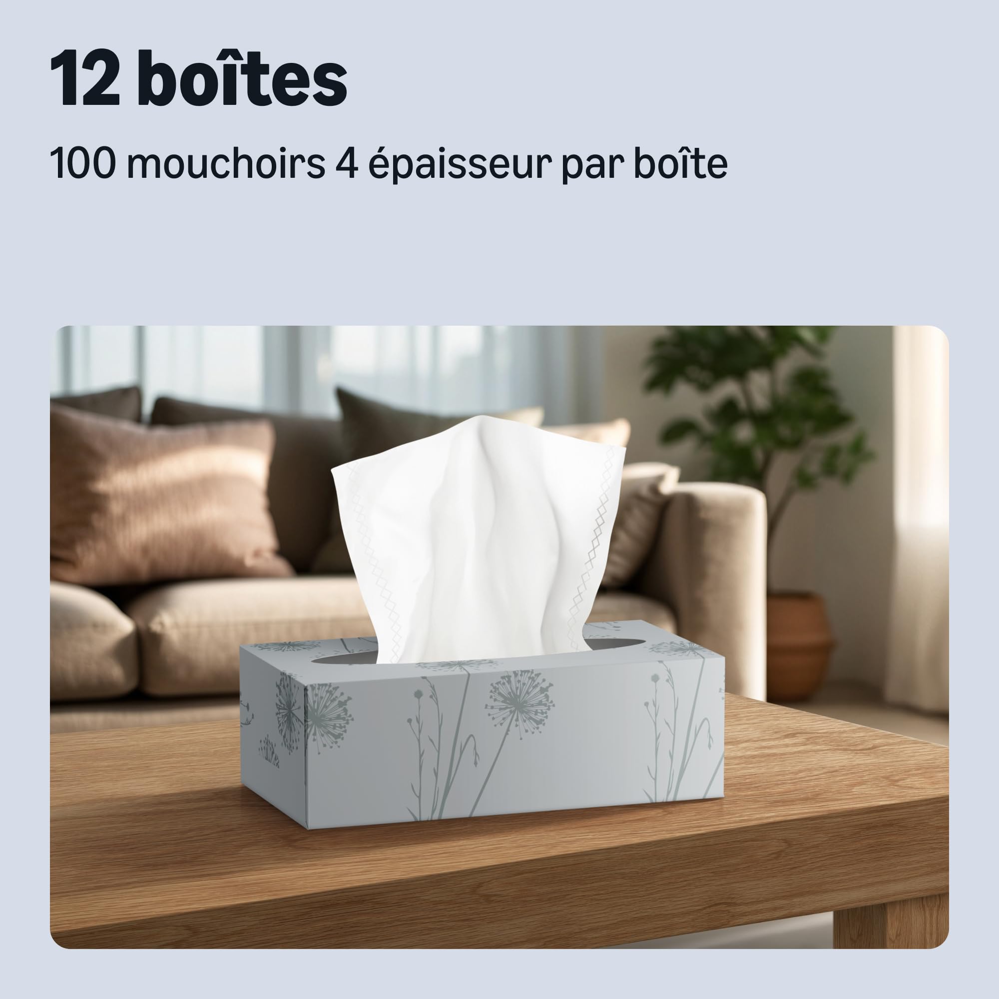 by Amazon Mouchoirs en Papier 4 Épaisseurs, 1 200 Feuilles (12 Paquets de 100 Feuilles)
