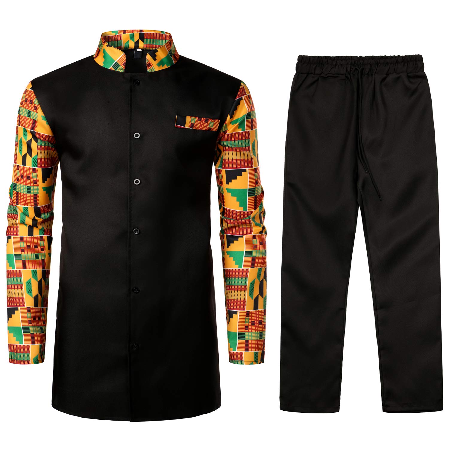 LucMattonMen's African 2 Piece Set Long Sleeve Button up Tops and Pants Traditional Dashiki Suit