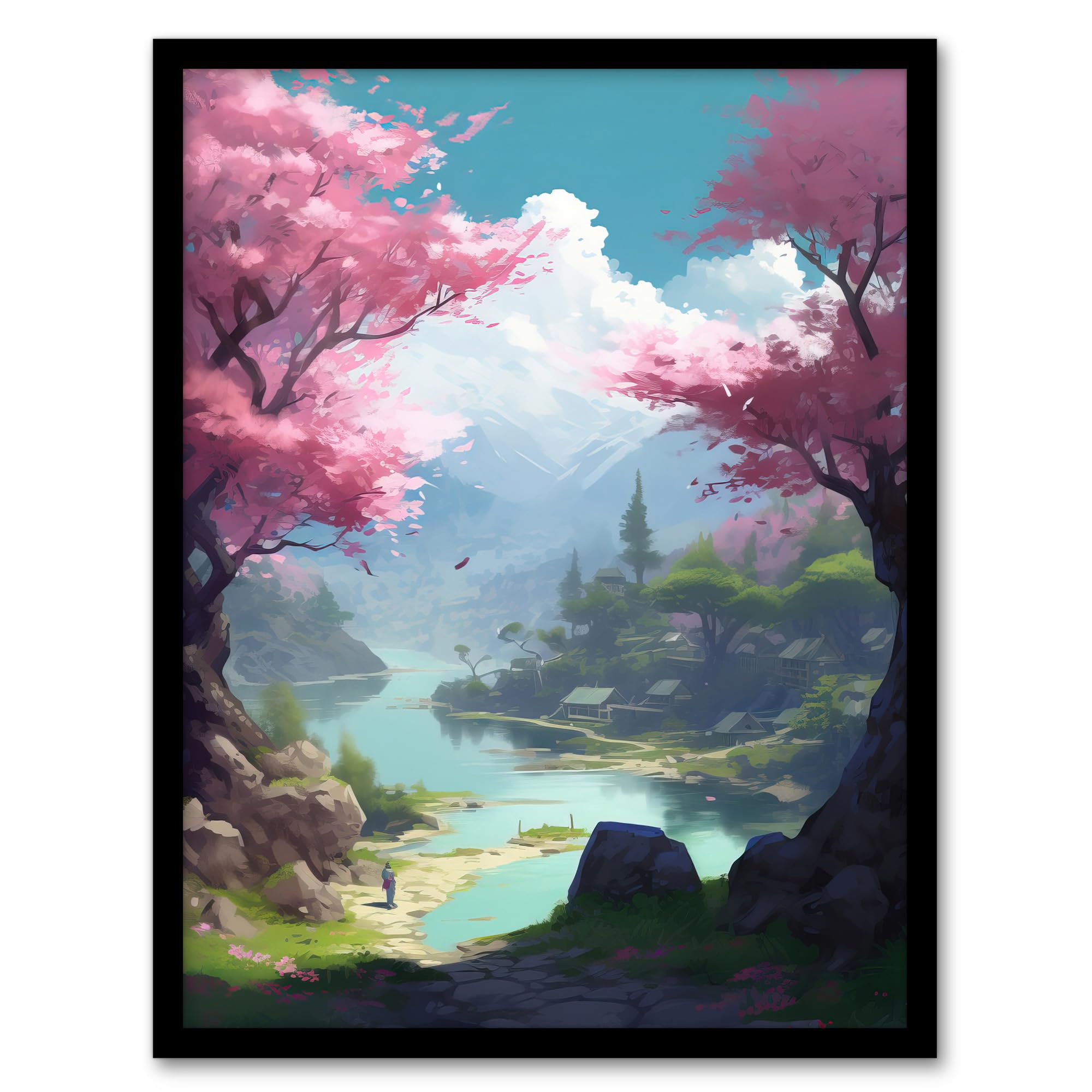 Artery8 Cherry Blossoms in Springtime Painting Blooming Pink Trees in Tranquil Forest Lake Landscape Artwork Framed Wall Art Print 18X24 Inch