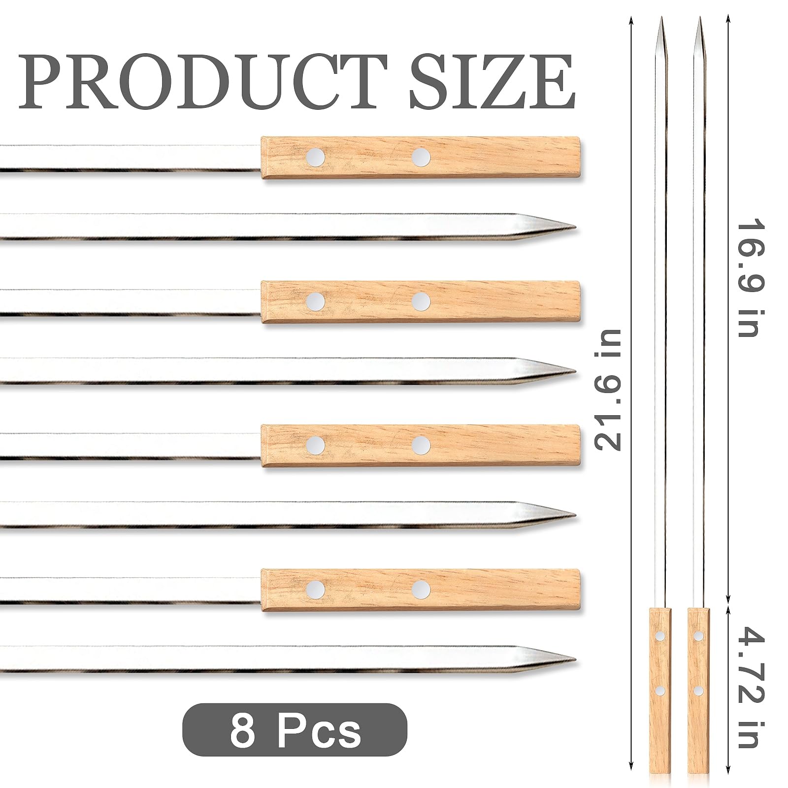 8 Pezzi Spiedini in Acciaio Inox con Manici in Legno, Spiedini di Carne Lunghi 55 cm, Spiedini per Barbecue Riutilizzabili, Accessori Barbecue per Utensili Barbecue