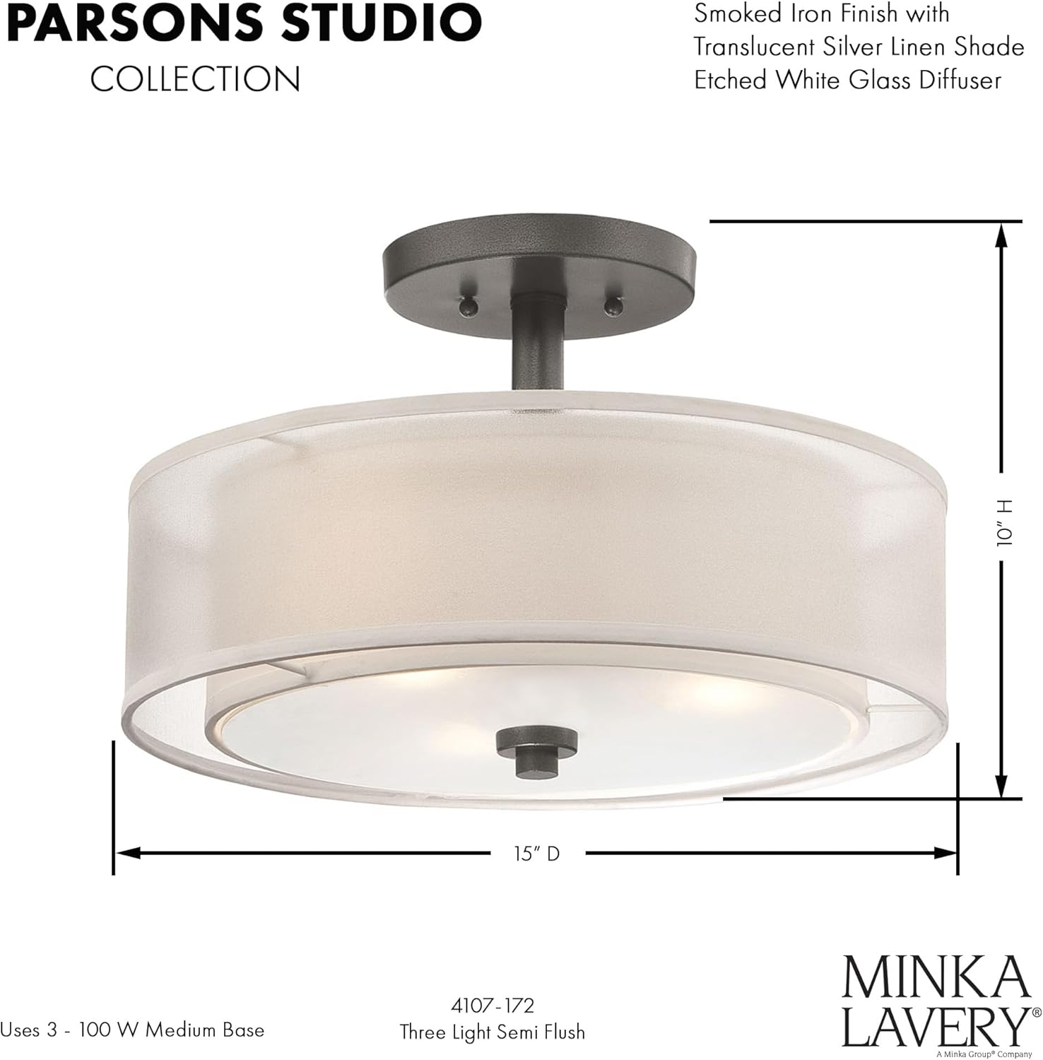Minka Lavery 4107-172 Parsons Studio Semi-Flush, 3-Light, 180 Total Watts, 15-in H x 10-in W, Smoked Iron
