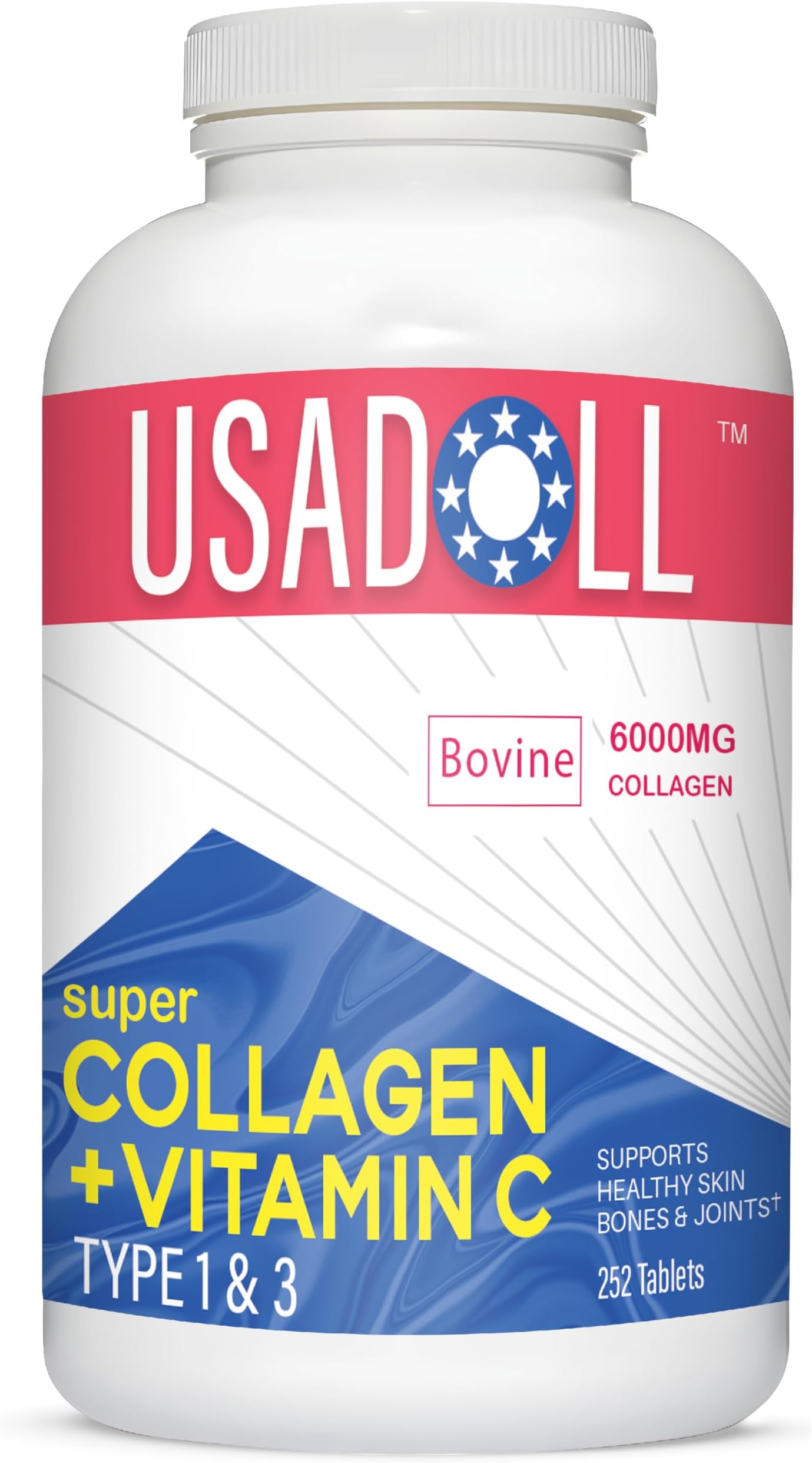 Super Collagen 6000mg with Vitamin C 252 Tablets | Type 1 & 3 Hydrolyzed Bovine Collagen Peptides for Healthy Hair, Radiant Glowing Skin, Strong Nails, Bones & Joints | Non-GMO, Gluten Free