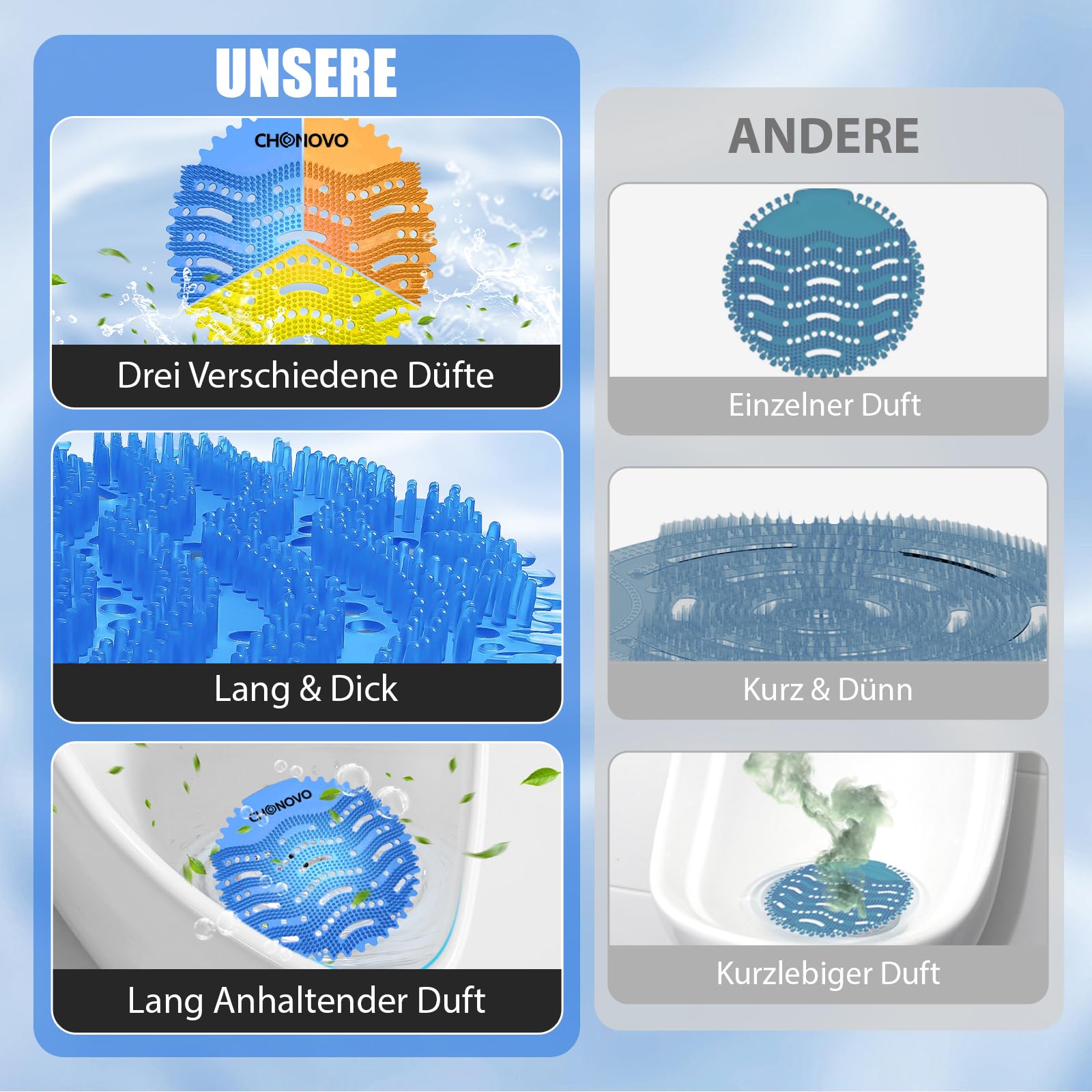 12 Urinalsieb Mit Duft, Spritzschutz, Lufterfrischer Einzeln Verpackt für WC, Gästebad, Bad, Öffentliche Toiletten - 4 Meeresbrise, 4 Zitrone, 4 Orange