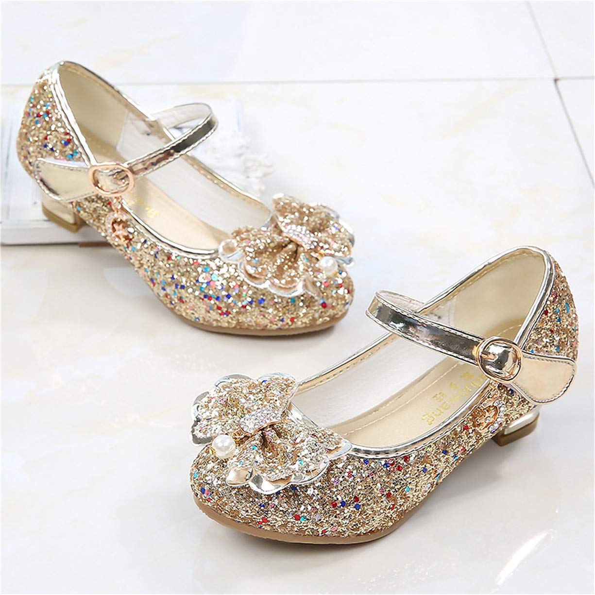 Princesse Chaussures Enfant Fille Cendrillon Sandale Talon Haut Paillette Brillante Perle Crystal Noeud Papillon Scratch Pendentif Métal Mariage Soirée Anniversaire