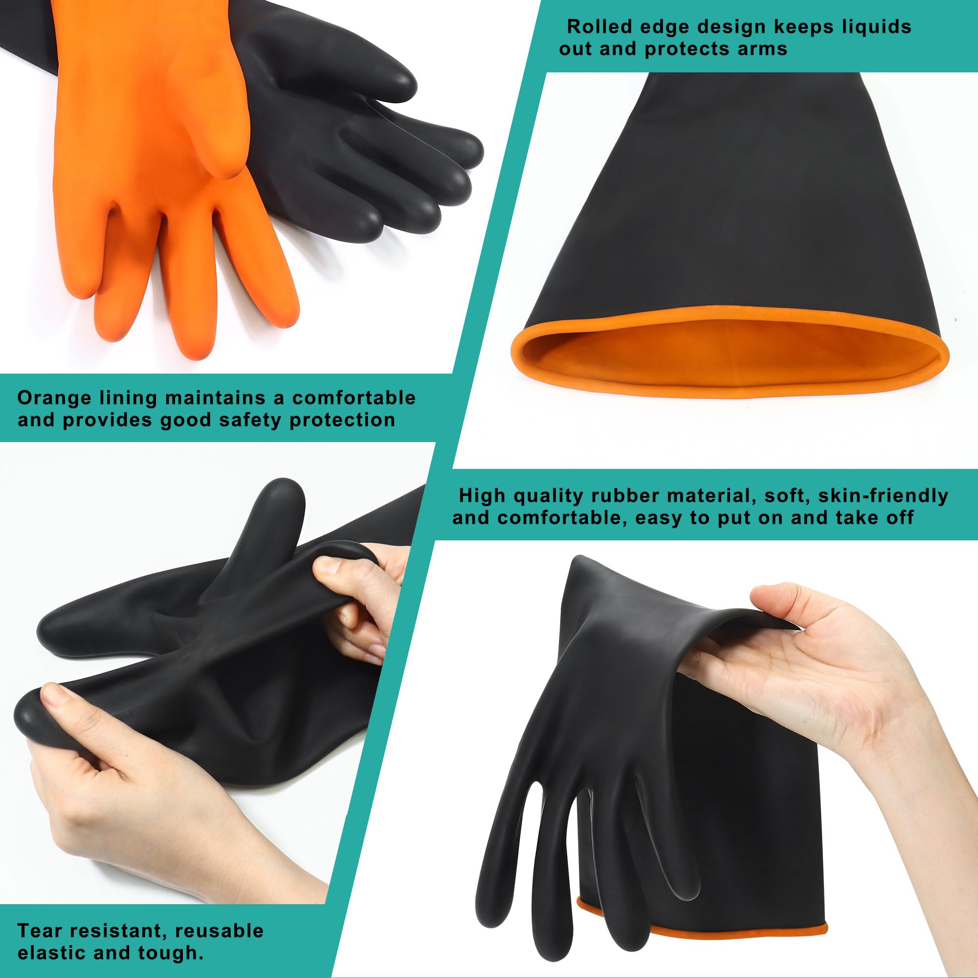 18" Long Rubber Gloves, XL Heavy Duty Large Black Rubber Gloves - Image 3