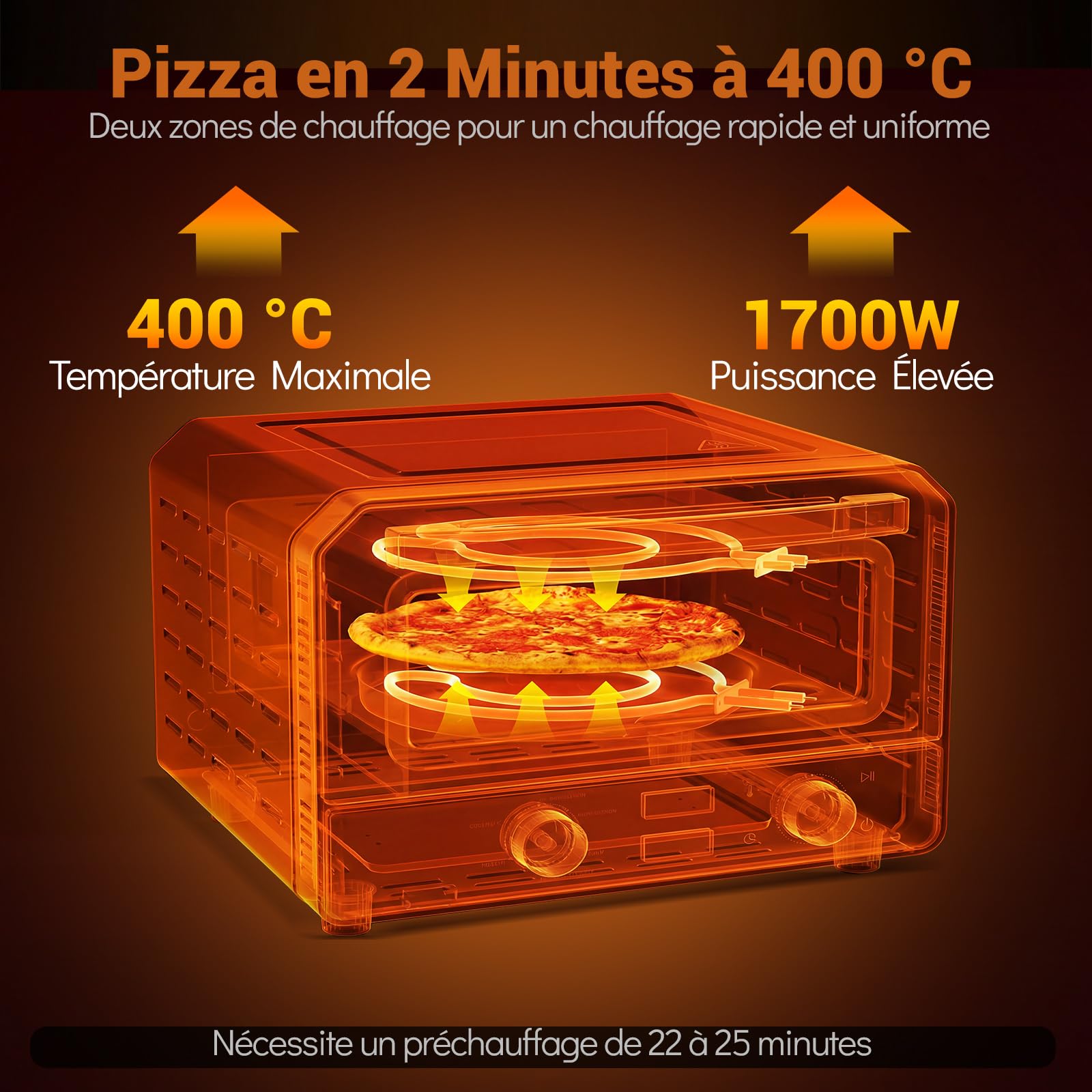 COSTW Four à pizza électrique, 1700W, Four de Comptoir avec 6 Programmes, pour Pizzas de 32 cm, Minuterie de 1 à 60 Minutes, Jusqu'à 400℃, Machine à Pizza avec Pierre à Pizza & Roulette à Pizza