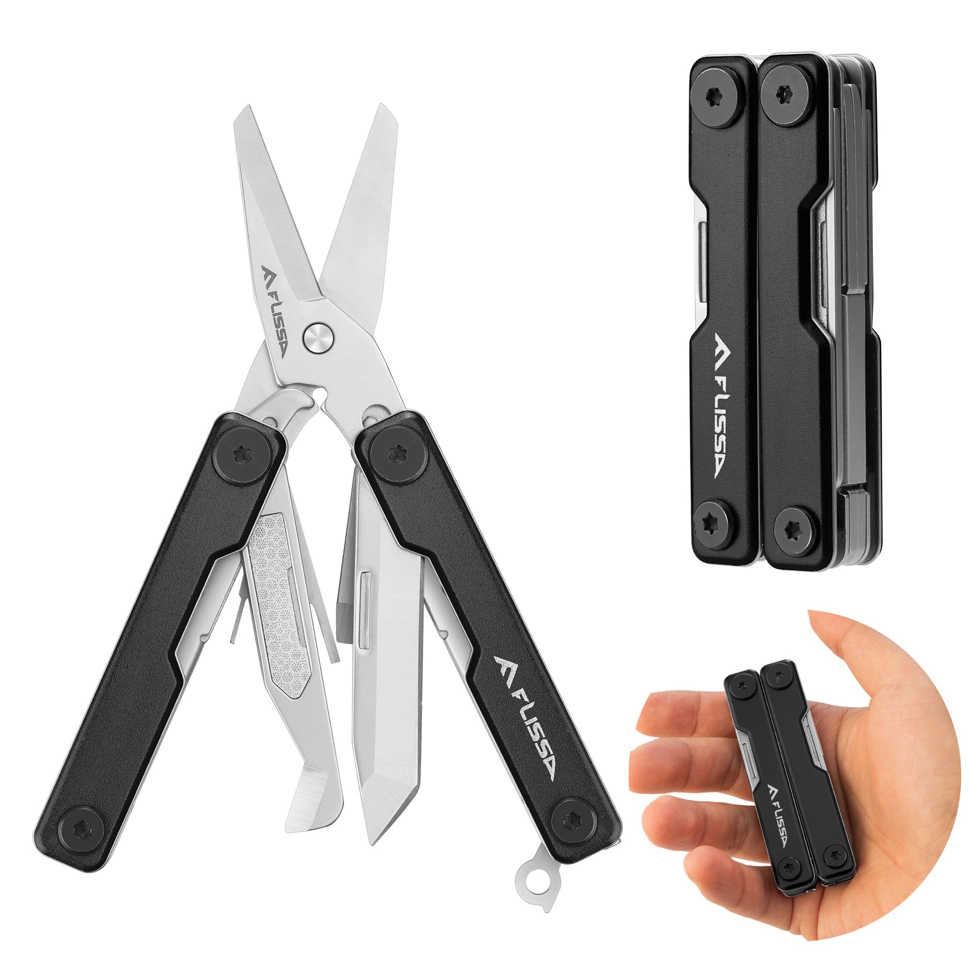 FLISSA 11-in-1 Multitool Scissors with Knife, Foldable Mini Multitool, Stainless Steel Scissors with Aluminum Handles, Spring - EDC for Camping,