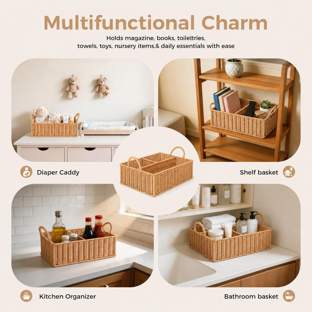 Windel-Caddy Organizer, Hand-Rattan, Babykorb, Wickeltisch-Organizer für Baby-Essentials, Babyparty-Geschenke, vielseitiger Regalkorb, Badezimmer-/Küchen-Organizer (Blush Beige, L)