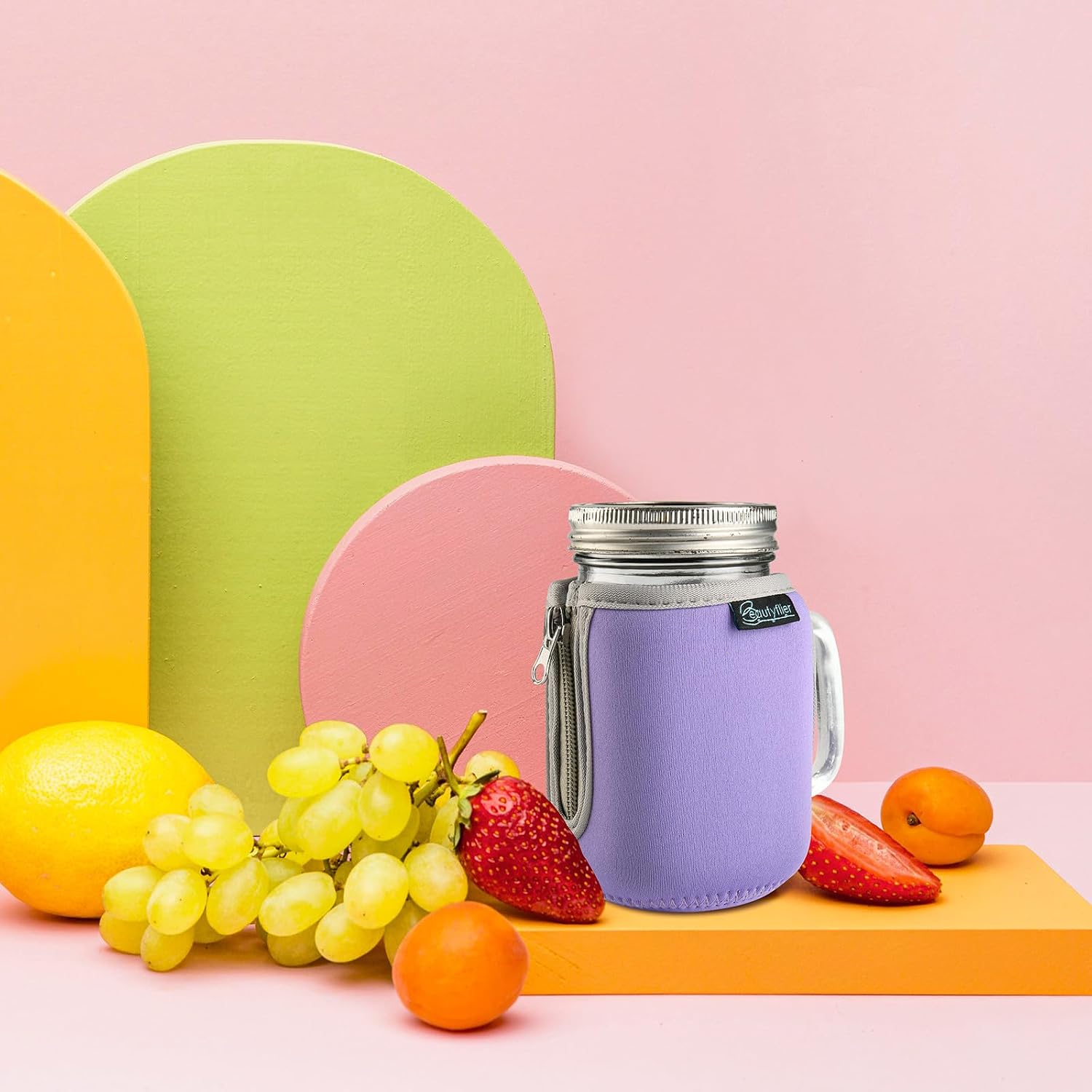 Beautyflier Mason Jar 16 Oz. Glass Mugs with Handle Insulators Sleeve, Neoprene Canning Cover for 16oz Drinking Glass Cups, Reusable Cups Smoothie Water Bottles Sleeve Cover, Sleeve Only (Color2)