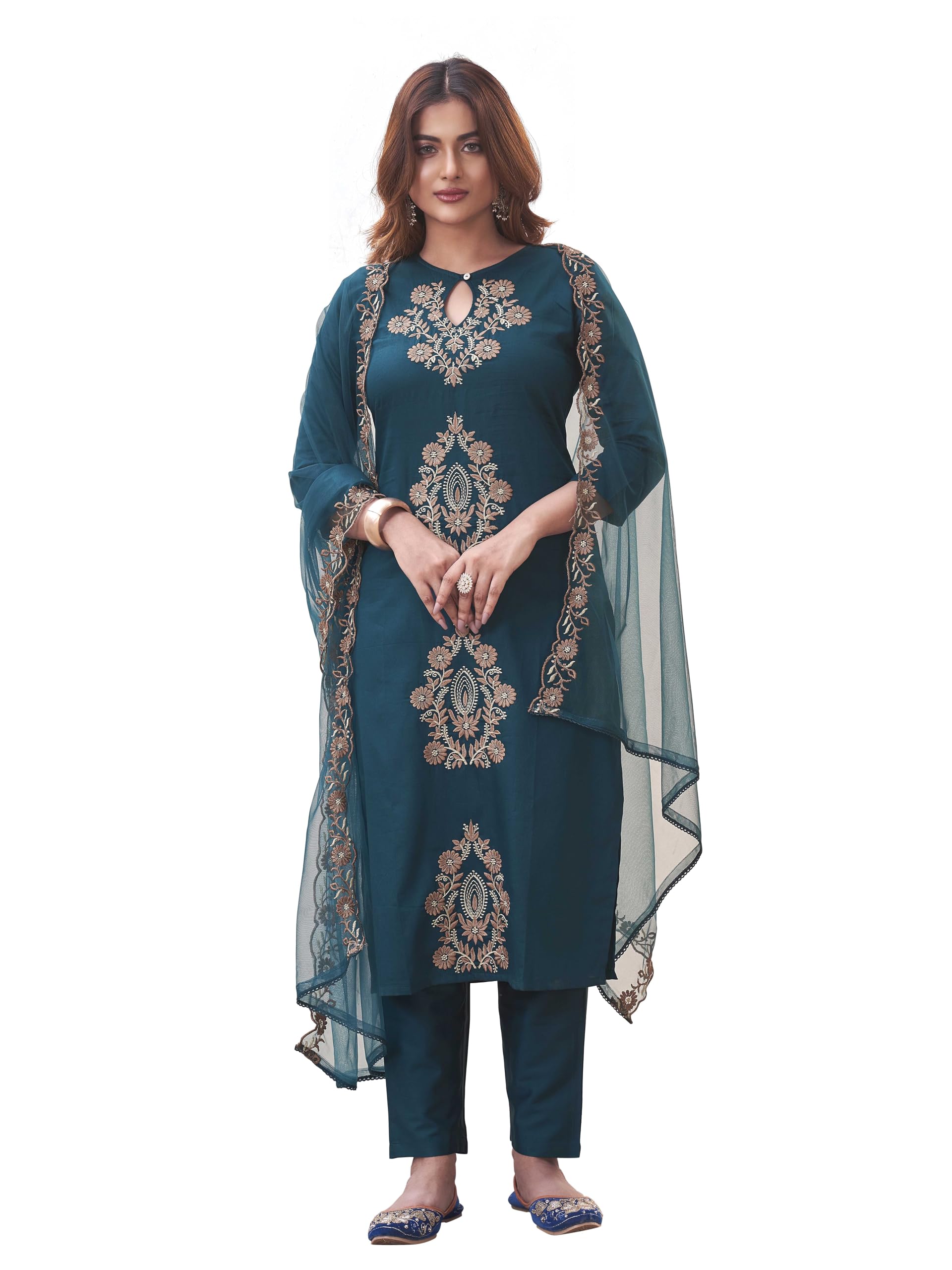 Womanista Women's Cotton Blend Solid Straight Embroidered Kurta Set (Kurtaset_1397_Teal