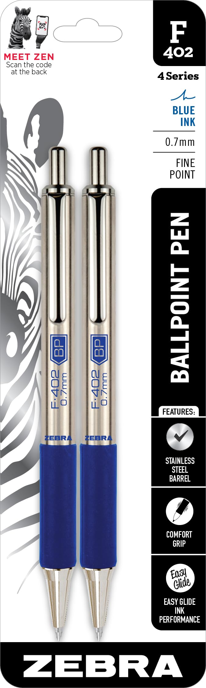 Zebra PenF-402 Stainless Steel Retractable Ballpoint Ink Pens 2-Pack, Blue Ink, 0.7mm Fine Point, Easy-Glide Ink, Non-Slip Grip, Metal Clip, Refillable with F-Refill (29222)